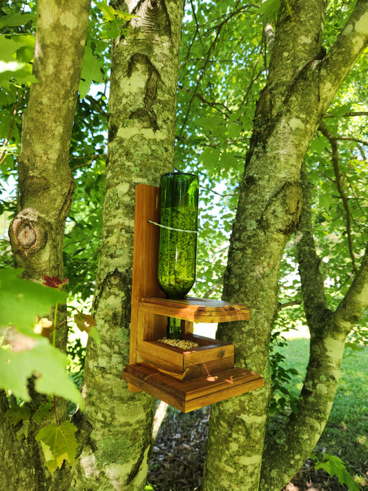 Cedar Wine Bottle Bird Feeder - Handcrafted Rustic Outdoor Birdfeeder