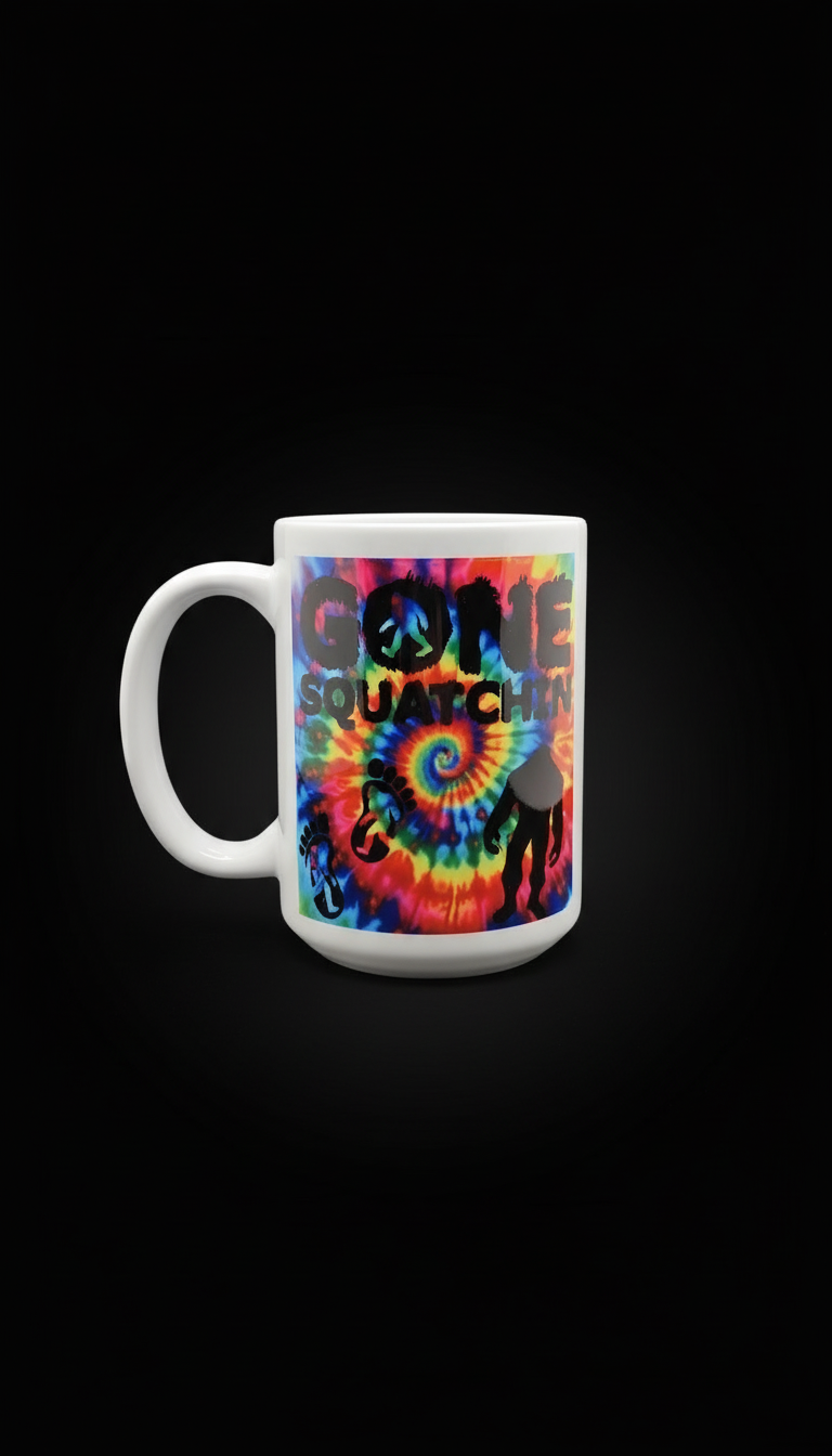 gone squatchin coffee mug with black background