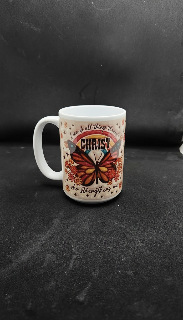 I Can Do All Things Through Christ coffee mug with black background