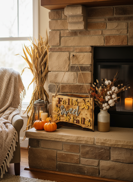 Rustic Seasonal Wooden Sign in home setting