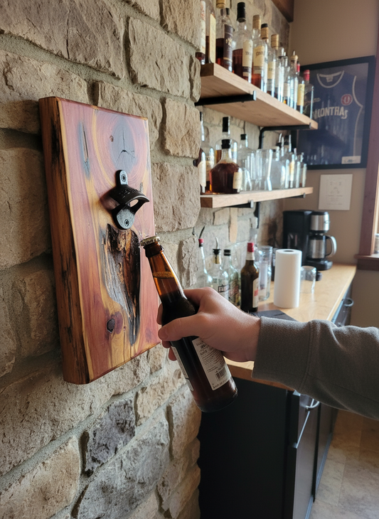 Wall Mounted Cedar Beer Bottle Opener in Use