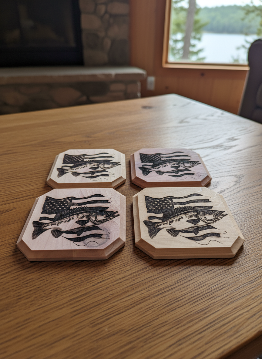 American Flag with Bass Wooden Coasters display