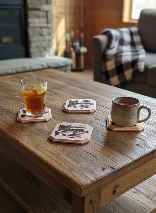 American Flag with Bass Wooden Coasters in use