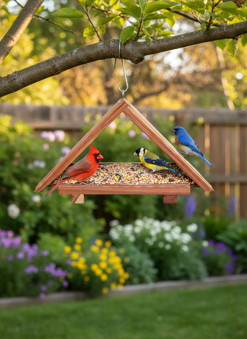Cedar A-Frame Bird Feeder in garden setting