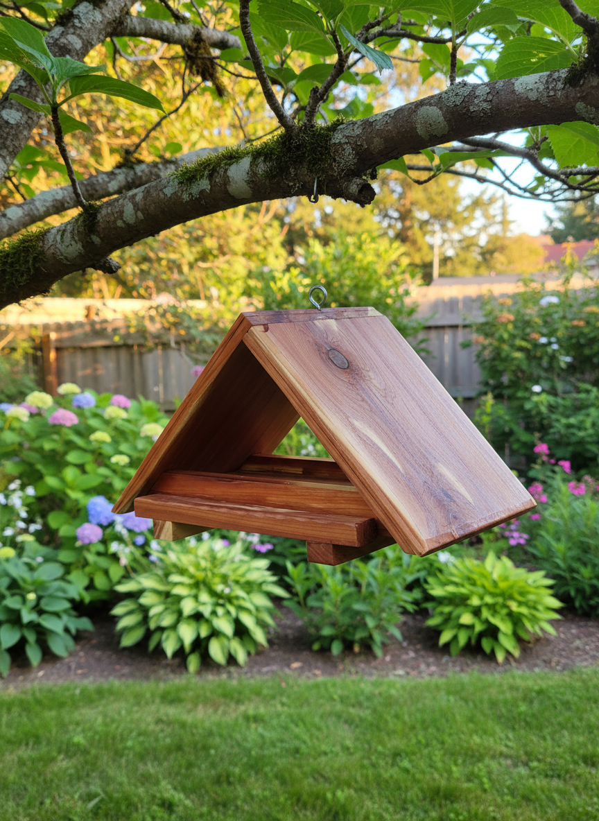 Cedar A-Frame Bird Feeder in garden setting