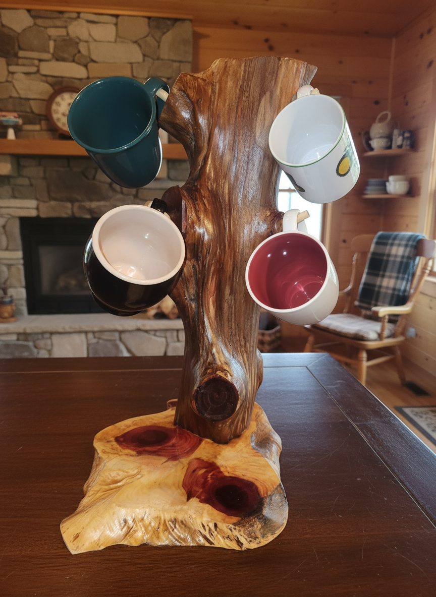 Cedar Log Coffee Cup Tree in rustic setting