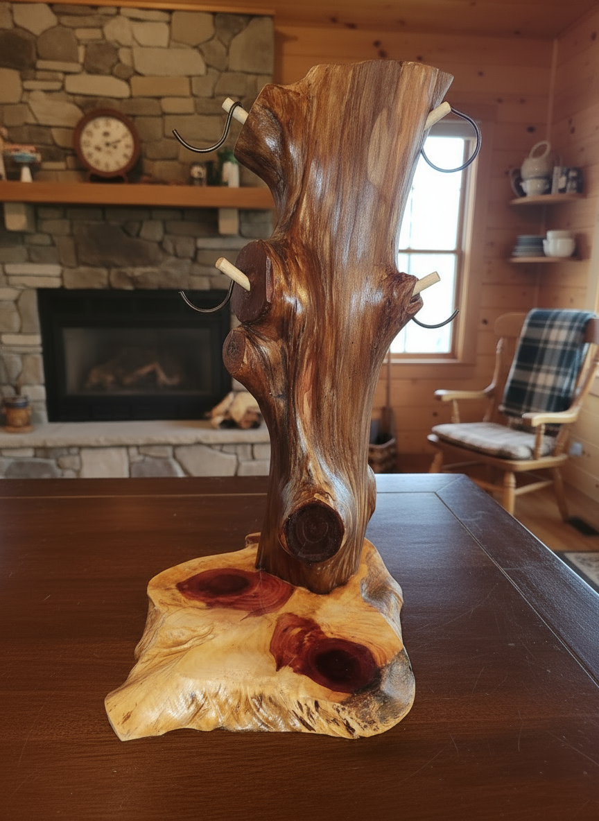 Cedar Log Coffee Cup Tree with four holders, no cups