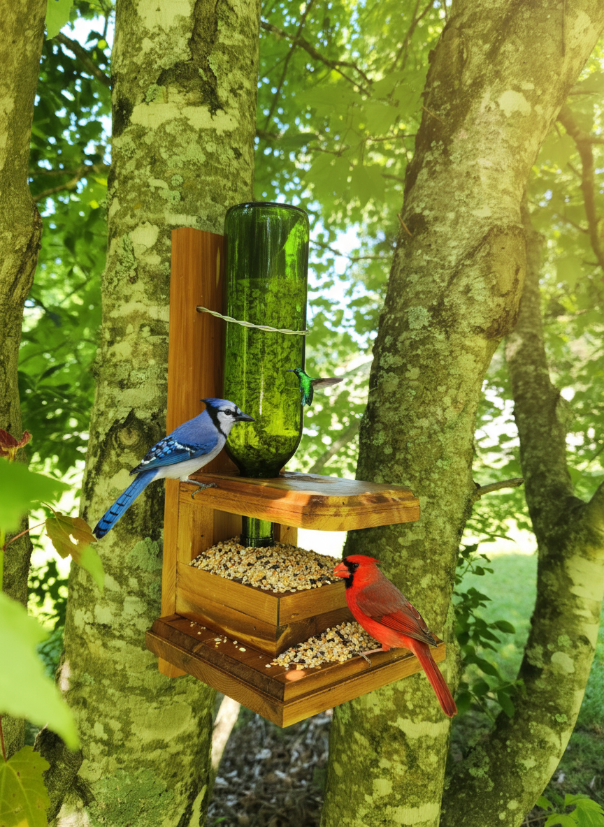 Cedar Wine Bottle Bird Feeder in garden setting