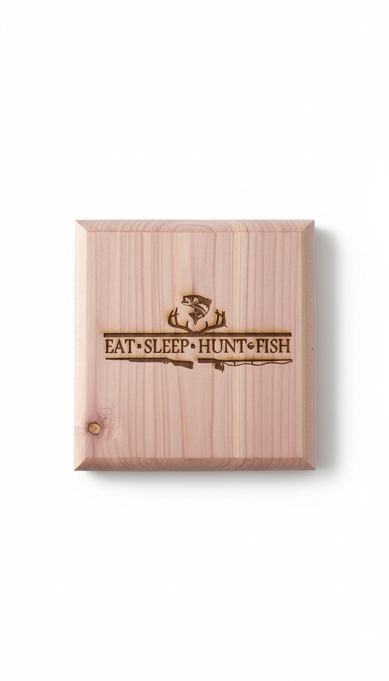 Eat sleep hunt fish coaster on white background