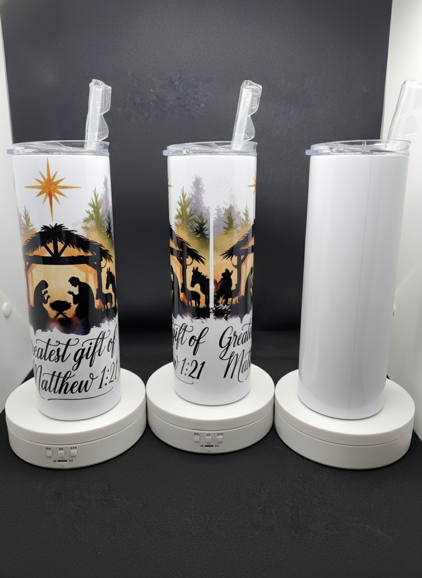 Rotated view of Mathew 1:21 on white background