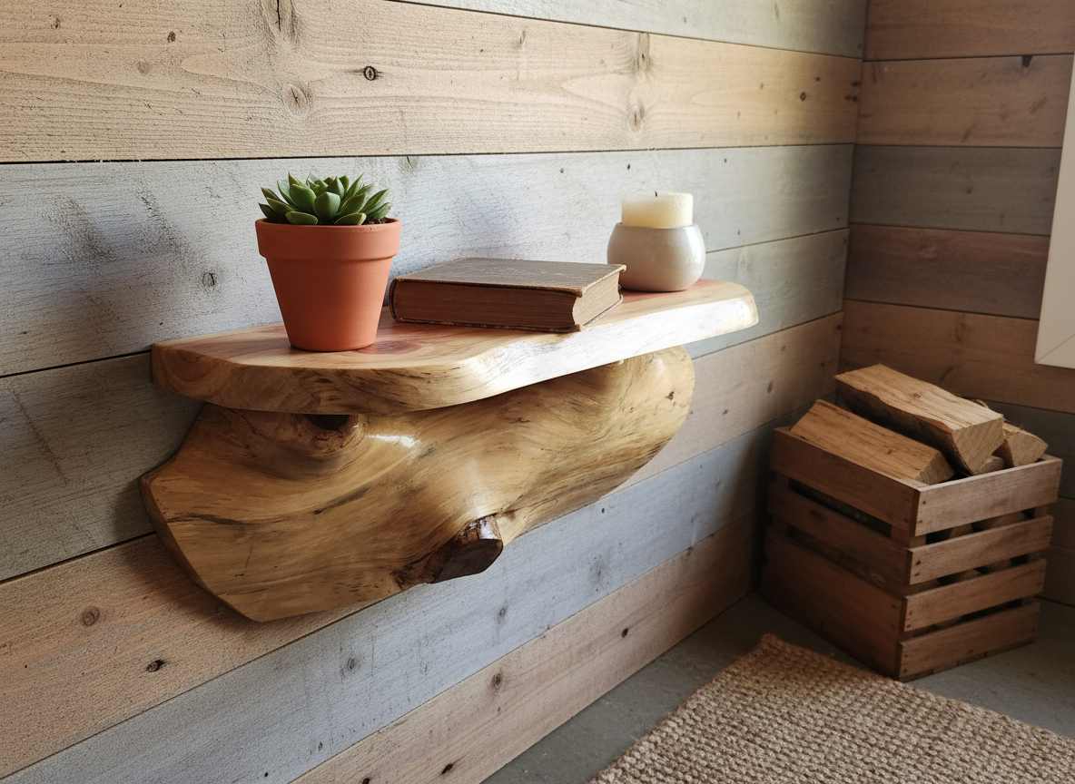 Rustic Cedar Log Floating Shelf in farmhouse setting