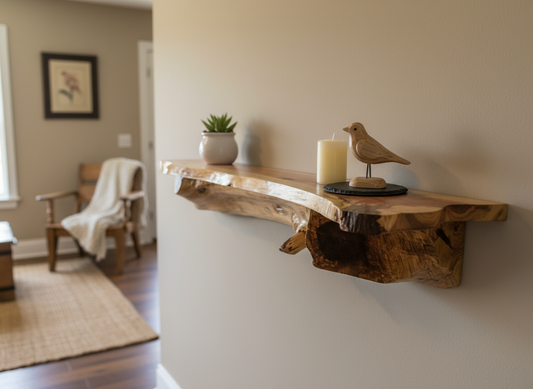 Rustic Log Cedar Floating Shelf in farmhouse setting