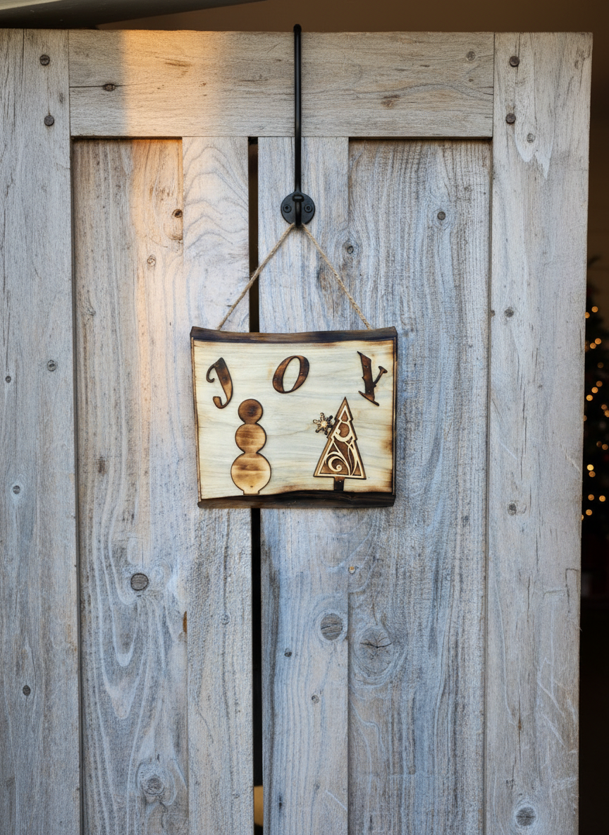 Rustic Wooden Christmas Sign Hanging on Door