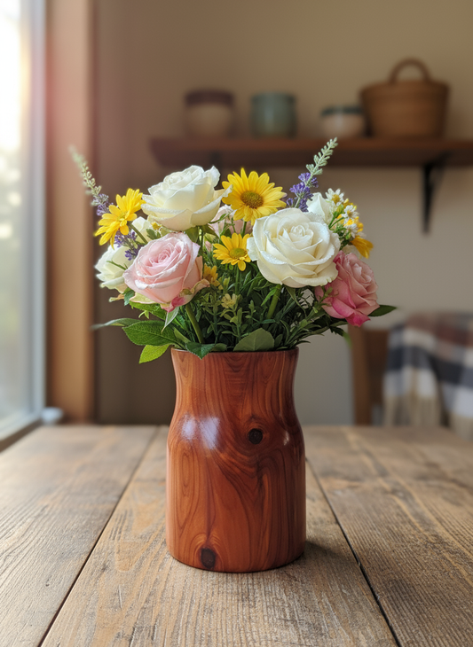 Wooden Flower Vase with fresh flowers