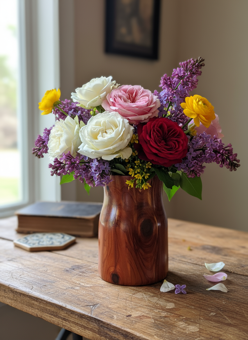 Wooden Flower Vase with fresh flowers